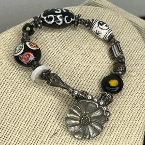 Vintage Danforth Pewterers Pewter & Art Glass Bead Bracelet Flower Toggle